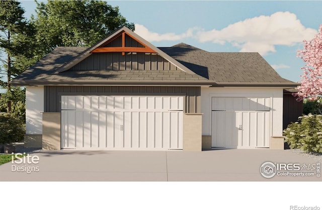 2805 Potomac Ct, Berthoud, CO 80513 - view of front of house with a garage, a shingled roof, driveway, and board and batten siding