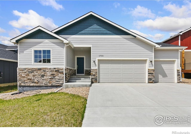1755 Avery Plaza St, Severance, CO 80550 - craftsman-style home with stone siding, a garage, driveway, and a front lawn