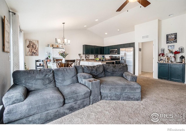 living room with vaulted ceiling, ceiling fan with notable chandelier, light carpet, visible vents, and recessed lighting