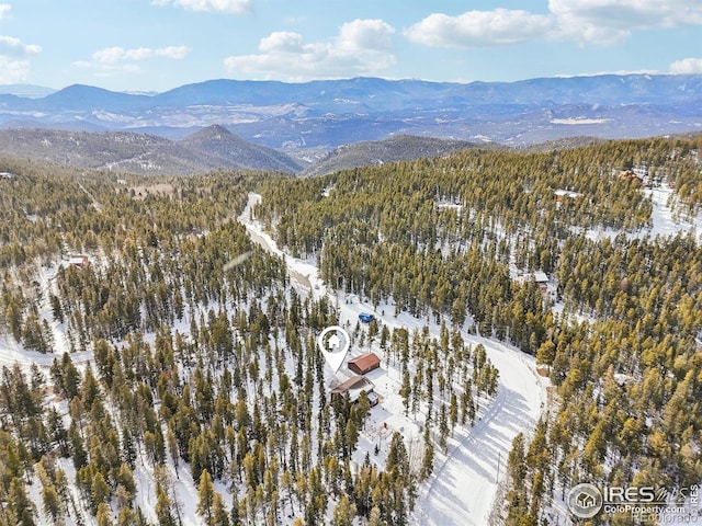 10649 Christopher Dr, Conifer, CO 80433 - snowy aerial view with a forest view and a mountain view