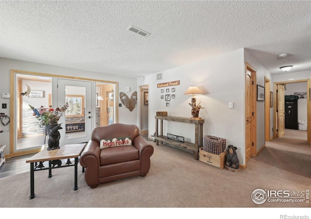 10649 Christopher Dr, Conifer, CO 80433 - carpeted living area featuring a textured ceiling and visible vents