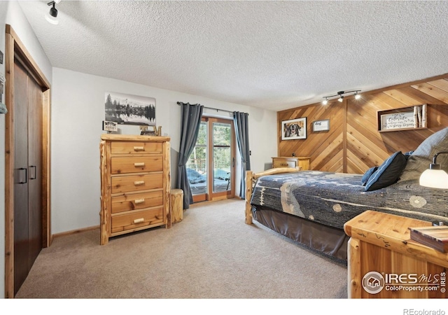 10649 Christopher Dr, Conifer, CO 80433 - bedroom with wooden walls, a textured ceiling, carpet flooring, and access to outside