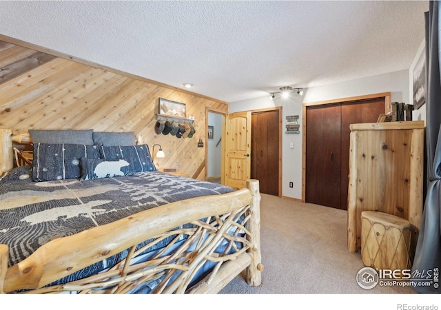 10649 Christopher Dr, Conifer, CO 80433 - carpeted bedroom with a textured ceiling, wood walls, and multiple closets