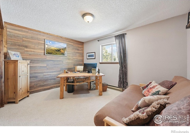 10649 Christopher Dr, Conifer, CO 80433 - home office featuring light carpet, an accent wall, a textured ceiling, and wooden walls