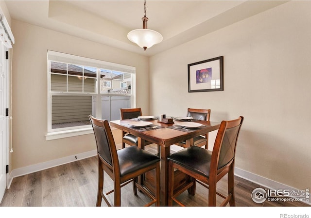 dining room with a raised ceiling, wood finished floors, and baseboards