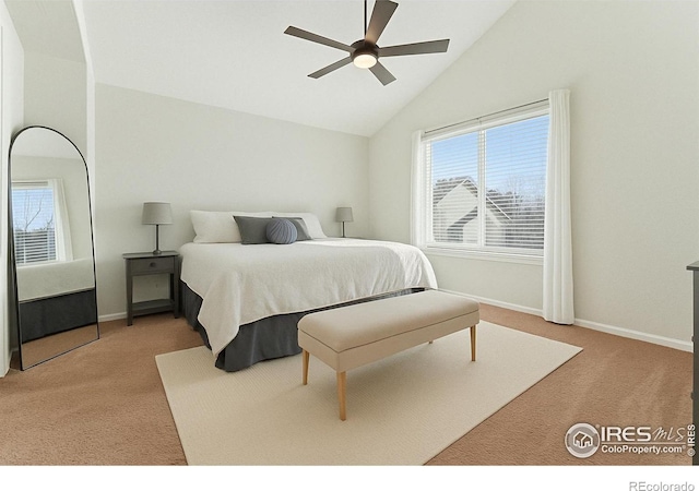 4774 Coker Ave, Castle Rock, CO 80104 - bedroom with carpet, baseboards, high vaulted ceiling, and ceiling fan