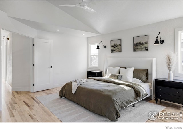 1012 Hobson Ct, Fort Collins, CO 80526 - bedroom with light wood-type flooring, vaulted ceiling, recessed lighting, ceiling fan, and baseboards