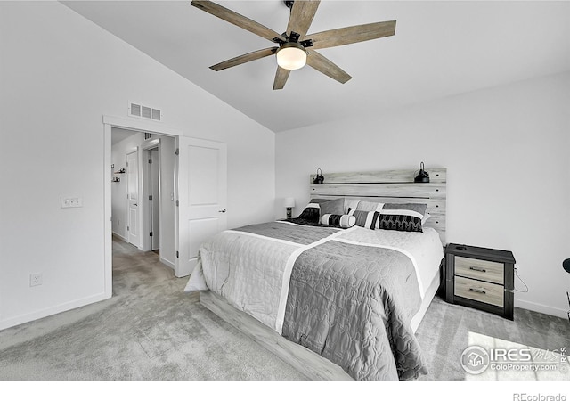 bedroom featuring vaulted ceiling, baseboards, visible vents, carpet, and ceiling fan