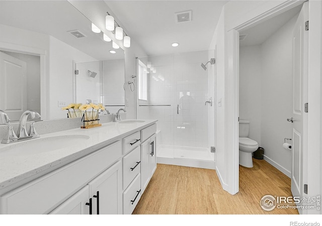 bathroom featuring wood finished floors, a sink, and a stall shower