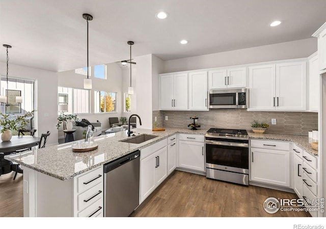 kitchen featuring stainless steel appliances, a peninsula, dark wood-style floors, and a sink