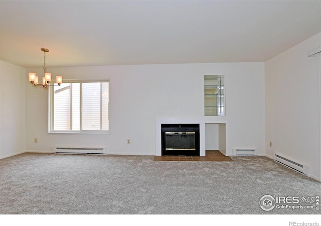 3465 Lochwood Dr Unit G-32, Fort Collins, CO 80525 - unfurnished living room featuring a baseboard heating unit, an inviting chandelier, and carpet flooring