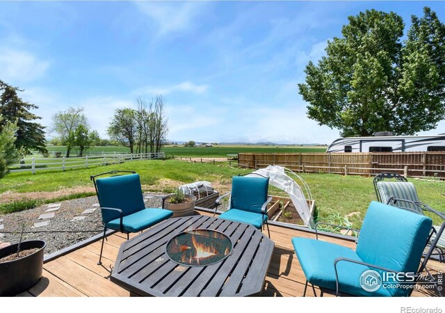 7859 Whitetail Cir, Wellington, CO 80549 - wooden deck featuring a rural view and a fire pit
