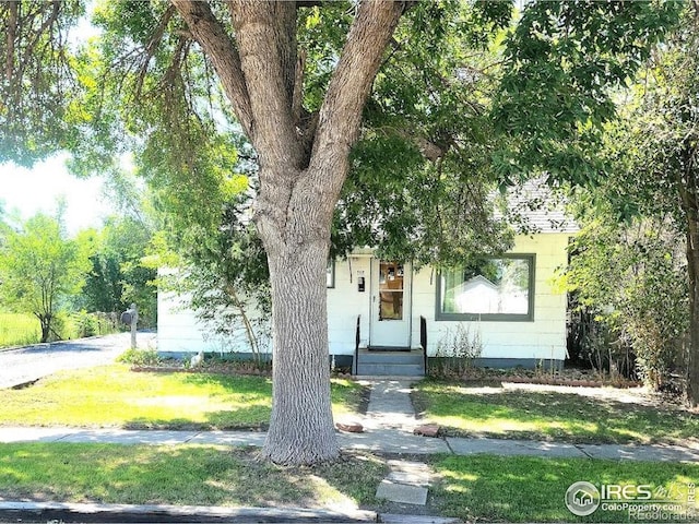 view of property hidden behind natural elements featuring a front lawn
