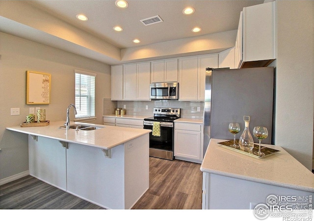 1693 Grand Ave Unit 1, Windsor, CO 80550 - kitchen with appliances with stainless steel finishes, a peninsula, a sink, dark wood-type flooring, and white cabinets
