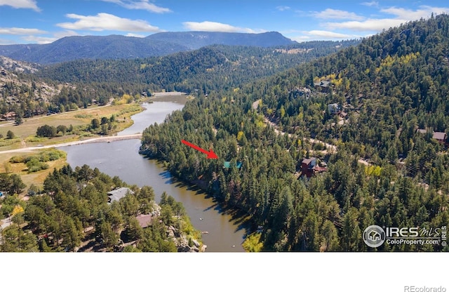 741 Hickory Dr, Lyons, CO 80540 - bird's eye view featuring a water and mountain view and a forest view