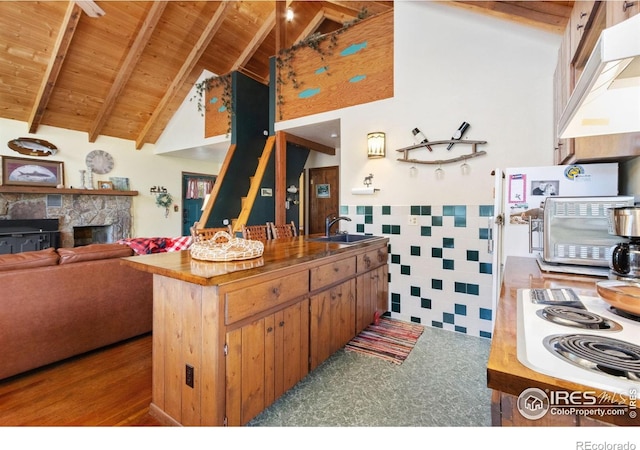 741 Hickory Dr, Lyons, CO 80540 - kitchen with a sink, tile walls, wood ceiling, beamed ceiling, and white electric cooktop
