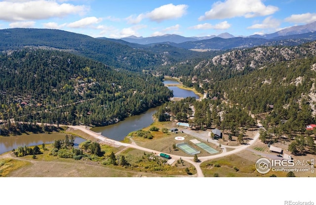 741 Hickory Dr, Lyons, CO 80540 - birds eye view of property featuring a water and mountain view and a wooded view