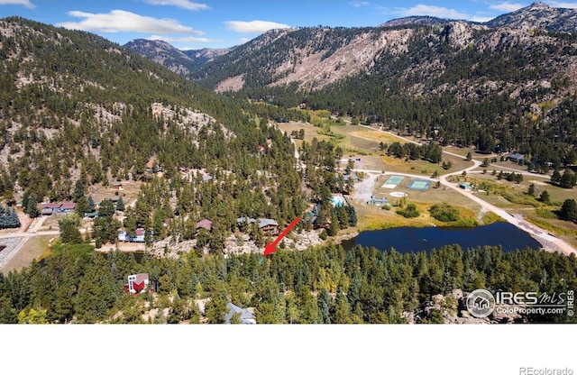741 Hickory Dr, Lyons, CO 80540 - drone / aerial view featuring a forest view and a water and mountain view