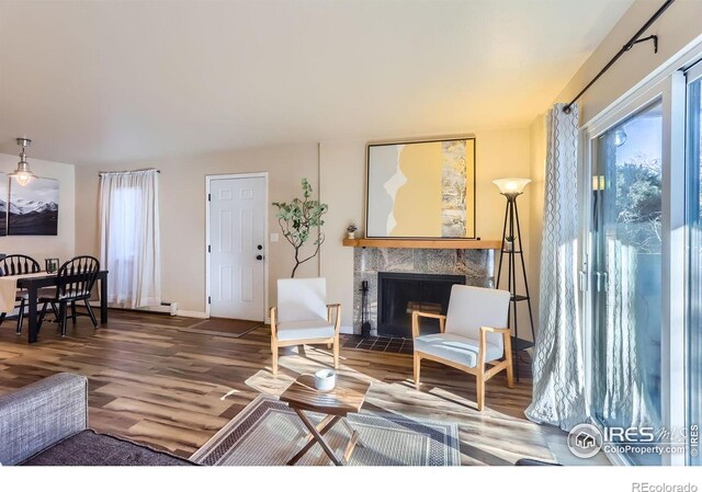 695 Manhattan Dr Unit 22, Boulder, CO 80303 - living room featuring a baseboard heating unit, baseboards, wood finished floors, and a tiled fireplace