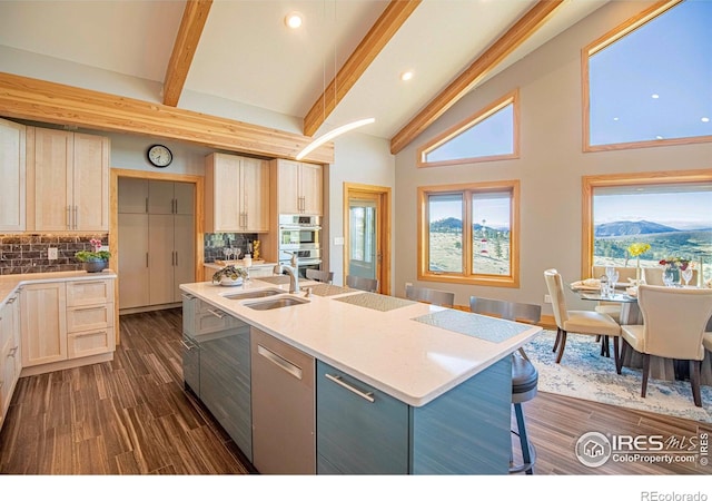 91 Eagle Rising Pl, Livermore, CO 80536 - kitchen featuring a sink, beamed ceiling, backsplash, a kitchen island with sink, and appliances with stainless steel finishes