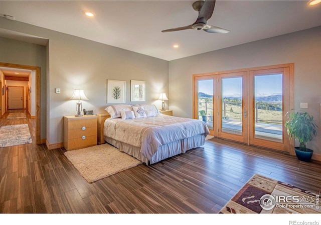 91 Eagle Rising Pl, Livermore, CO 80536 - bedroom with access to outside, dark wood-type flooring, baseboards, french doors, and recessed lighting