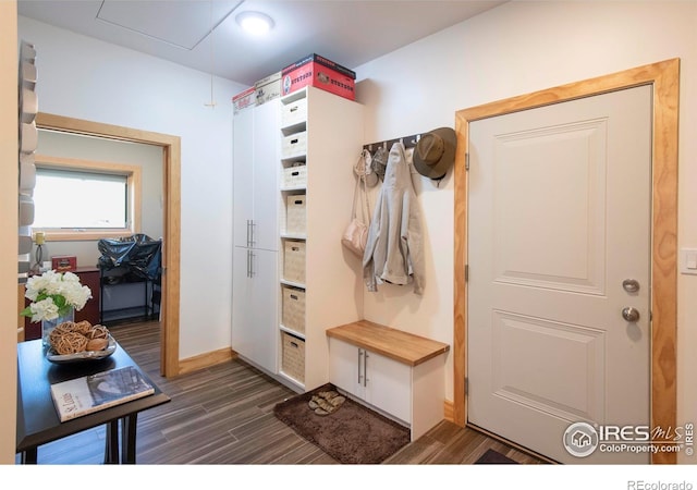 91 Eagle Rising Pl, Livermore, CO 80536 - mudroom with attic access, dark wood finished floors, and baseboards