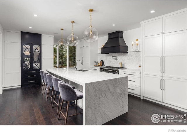 kitchen with premium range hood, a sink, decorative backsplash, dark wood-type flooring, and recessed lighting