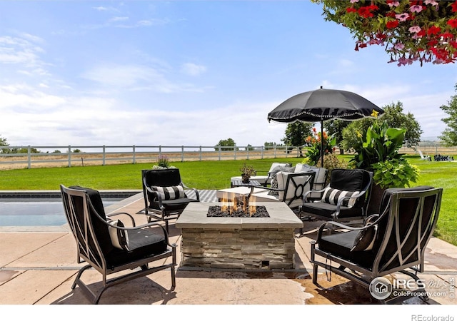 view of patio / terrace with an outdoor living space with a fire pit