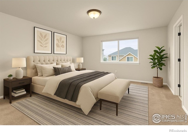 bedroom featuring baseboards, light carpet, and visible vents