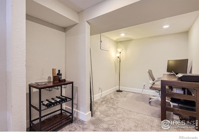 office with recessed lighting, baseboards, and carpet