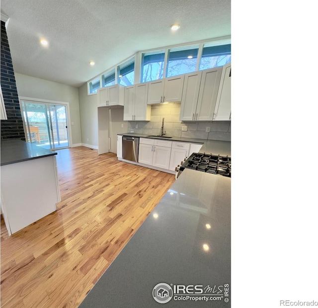 kitchen with lofted ceiling, a sink, light wood-style flooring, appliances with stainless steel finishes, and backsplash