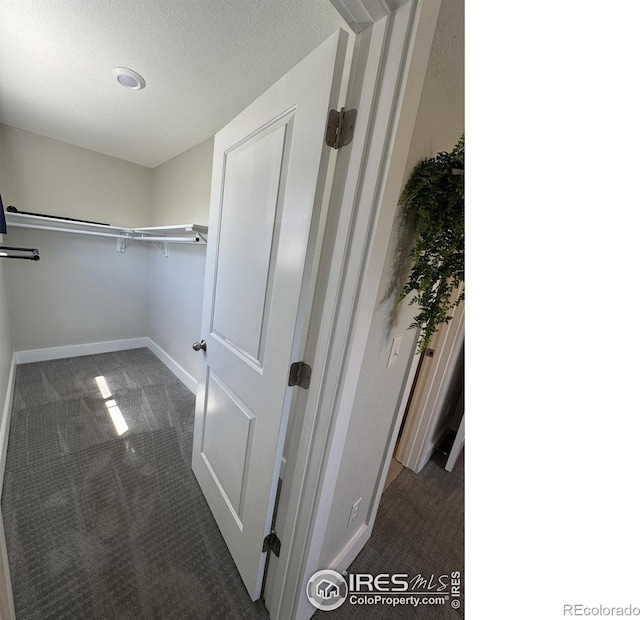 spacious closet with dark colored carpet