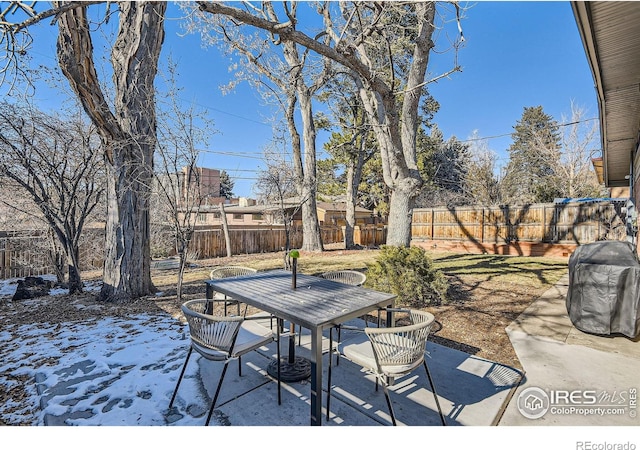 view of patio with outdoor dining area and a fenced backyard