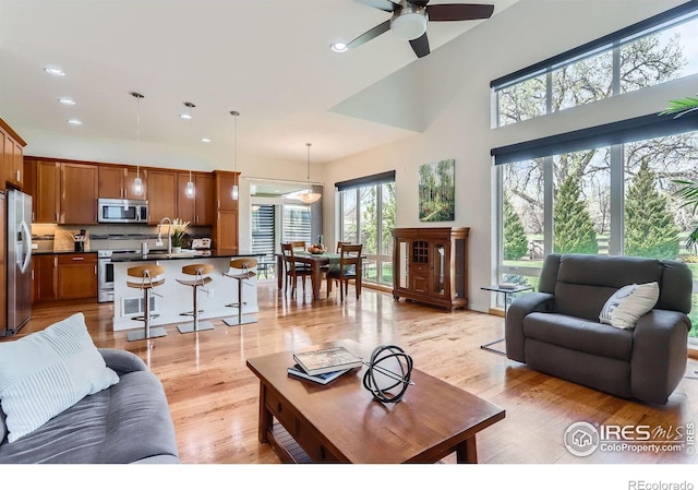 living room featuring ceiling fan, recessed lighting, and light wood-type flooring