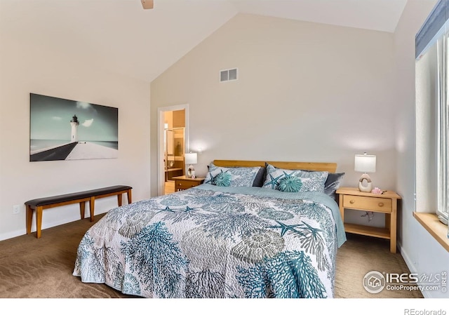 bedroom with baseboards, carpet floors, visible vents, and high vaulted ceiling