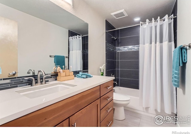 full bath with vanity, shower / bathtub combination with curtain, toilet, tile patterned flooring, and visible vents