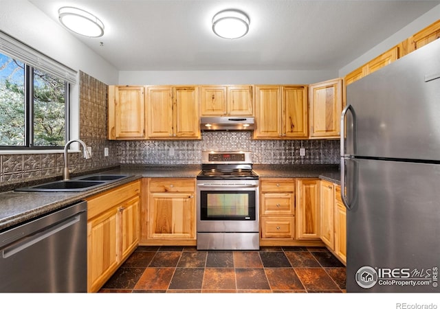 910 Sparta Dr, Lafayette, CO 80026 - kitchen with under cabinet range hood, stainless steel appliances, a sink, and dark countertops