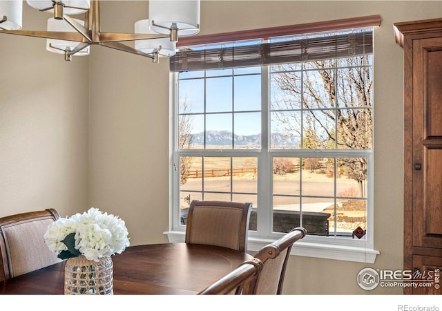dining space featuring wood finished floors and a mountain view
