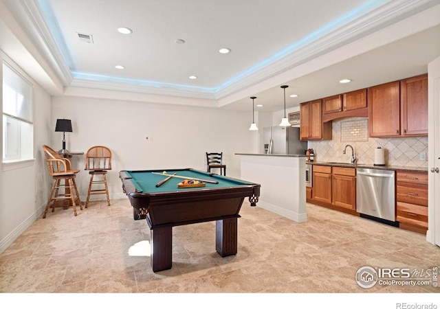game room with crown molding, billiards, a tray ceiling, visible vents, and recessed lighting