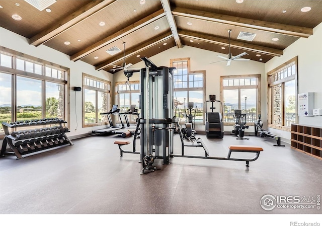 2719 Crystal Spgs, Longmont, CO 80503 - exercise room featuring high vaulted ceiling, recessed lighting, ceiling fan, and a wood ceiling with exposed beams
