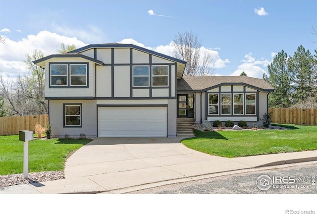 view of front of home featuring brick siding, an attached garage, concrete driveway, and fence