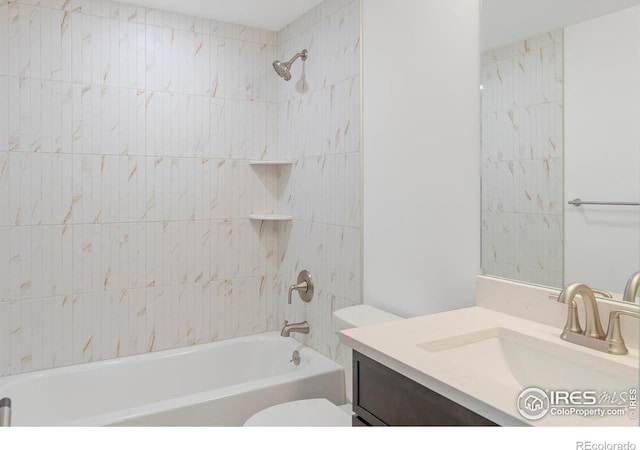 full bath with toilet, vanity, and shower / tub combination
