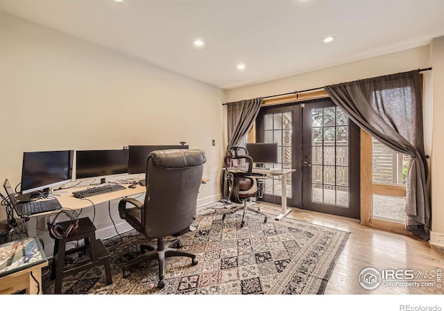 3707 Shelter Cv, Fort Collins, CO 80525 - office space featuring french doors, recessed lighting, baseboards, and wood finished floors
