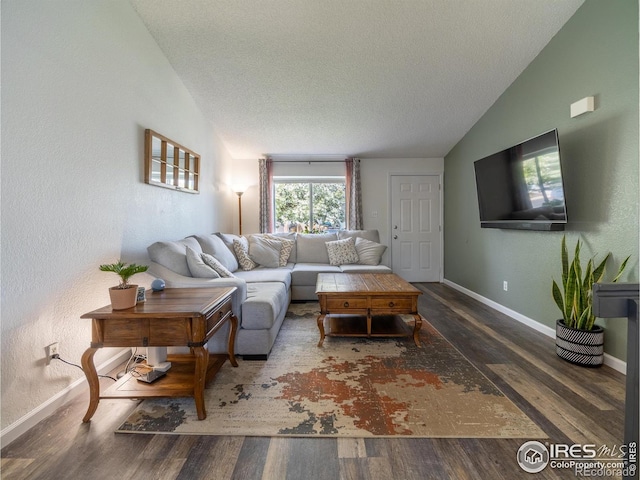 13146 Raritan Ct, Westminster, CO 80234 - living room with a textured ceiling, baseboards, wood finished floors, and lofted ceiling