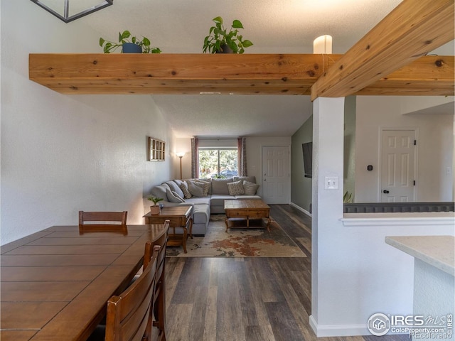 13146 Raritan Ct, Westminster, CO 80234 - dining room with baseboards, lofted ceiling with beams, and dark wood-style flooring