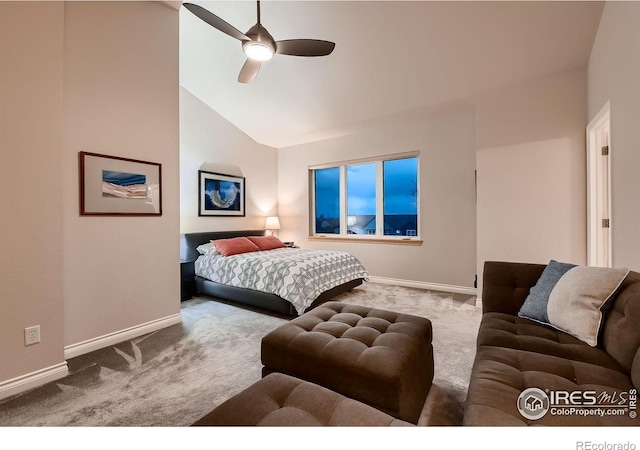 1356 Golden Eagle Way, Louisville, CO 80027 - bedroom with baseboards, vaulted ceiling, carpet flooring, and a ceiling fan