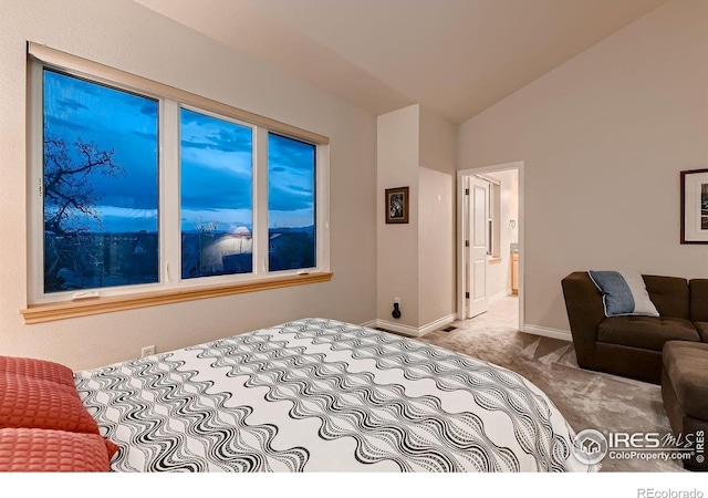 1356 Golden Eagle Way, Louisville, CO 80027 - carpeted bedroom featuring connected bathroom, baseboards, and vaulted ceiling