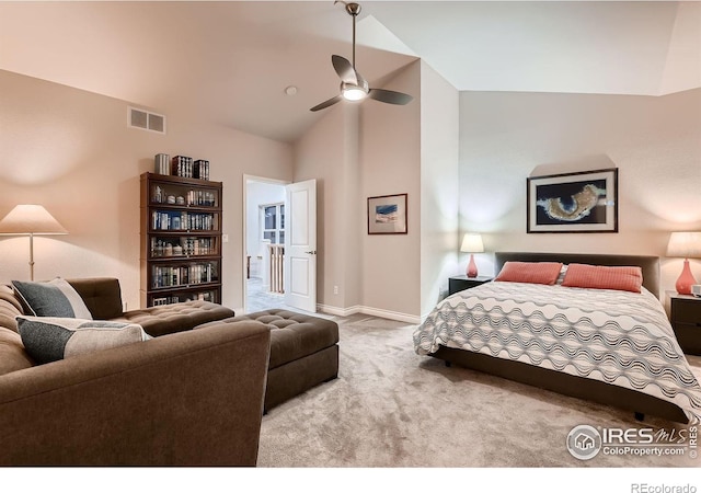 1356 Golden Eagle Way, Louisville, CO 80027 - bedroom featuring visible vents, carpet floors, baseboards, high vaulted ceiling, and ceiling fan