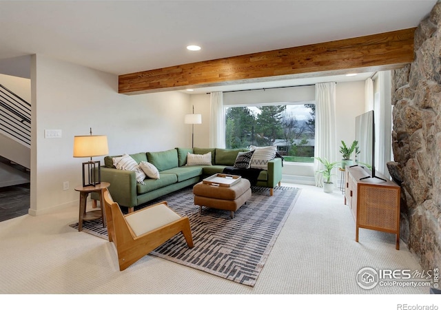 1048 Westview Dr, Boulder, CO 80303 - living room featuring stairs, baseboards, beamed ceiling, carpet flooring, and recessed lighting