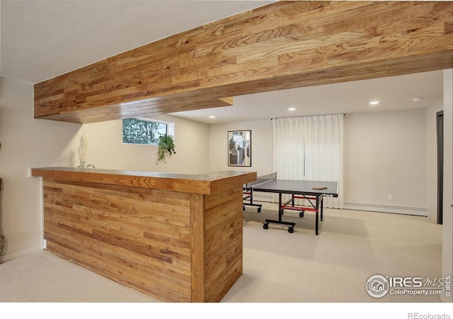 1048 Westview Dr, Boulder, CO 80303 - interior space featuring wet bar, baseboards, a baseboard radiator, carpet flooring, and recessed lighting